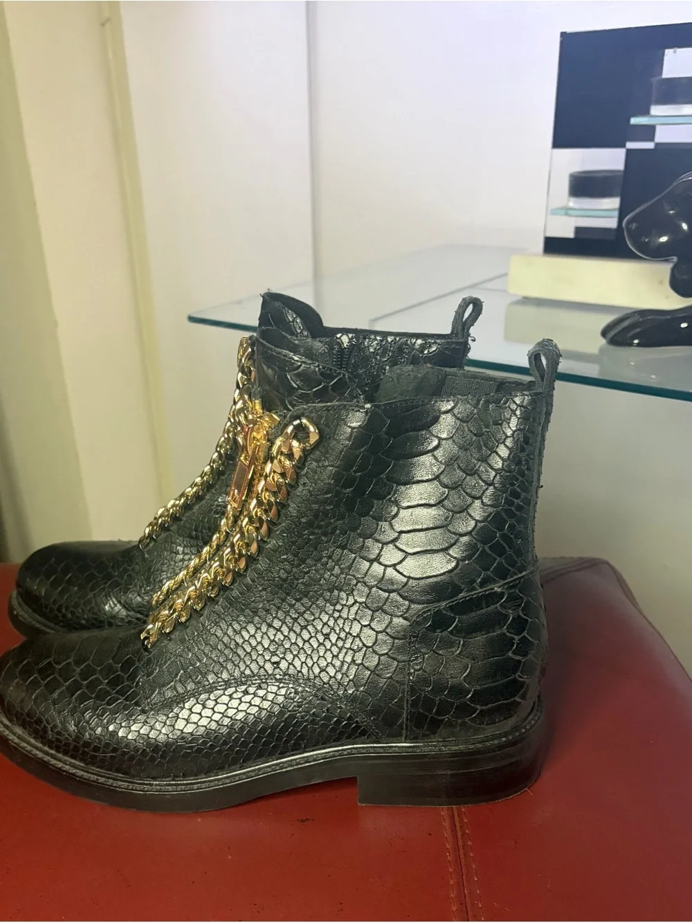 Jeffrey Campbell Faux-Snake Leather Ankle Boots with Gold Chain Detail
